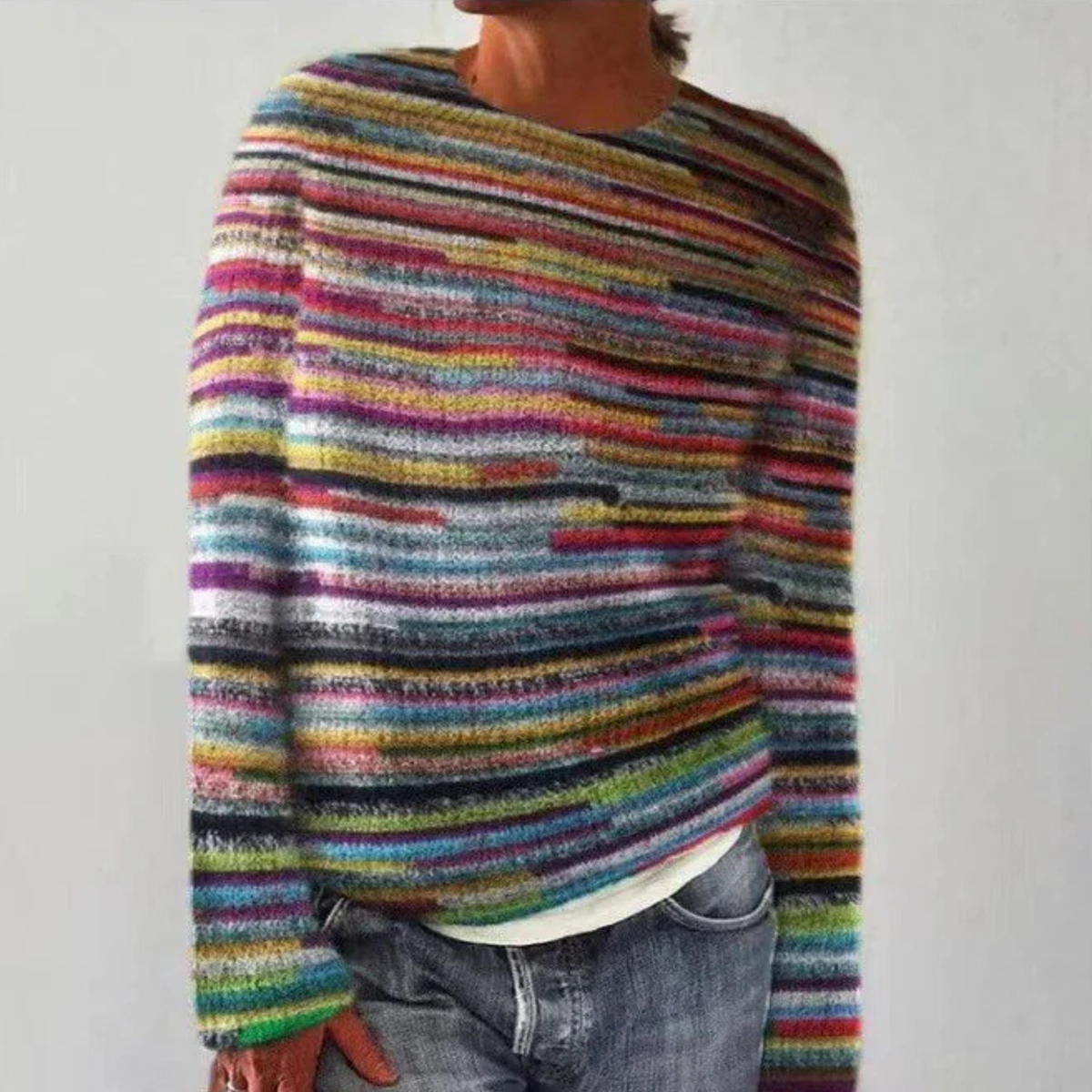 Striped Long Sleeve Knit Sweater for Women with Crew Neck and Ribbed Hem