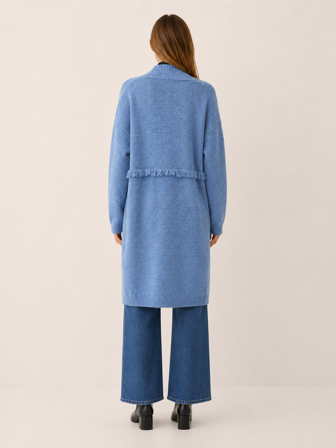 Open Front Long Cardigan for Women with Dropped Shoulder Design and Pockets