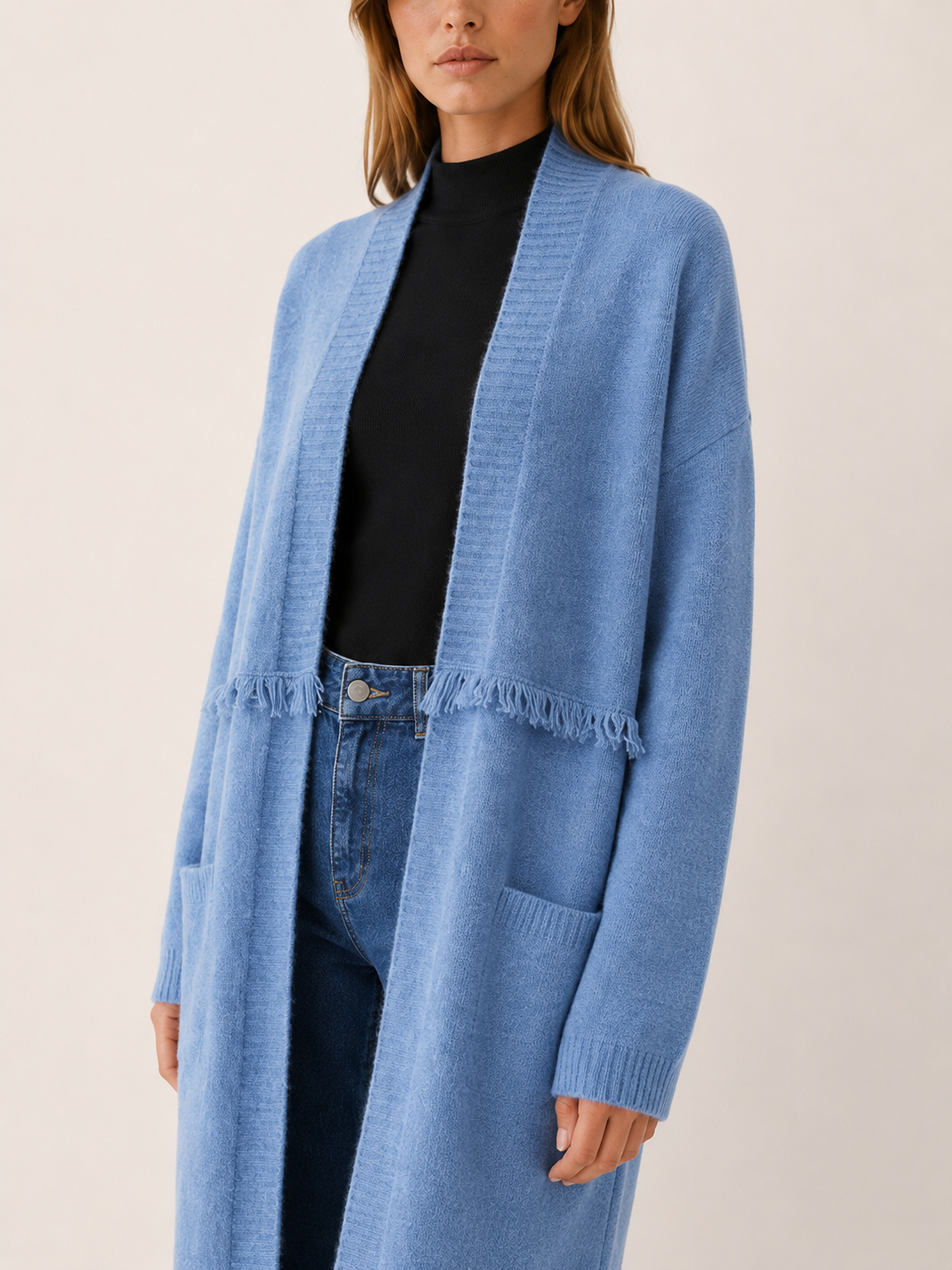 Open Front Long Cardigan for Women with Dropped Shoulder Design and Pockets