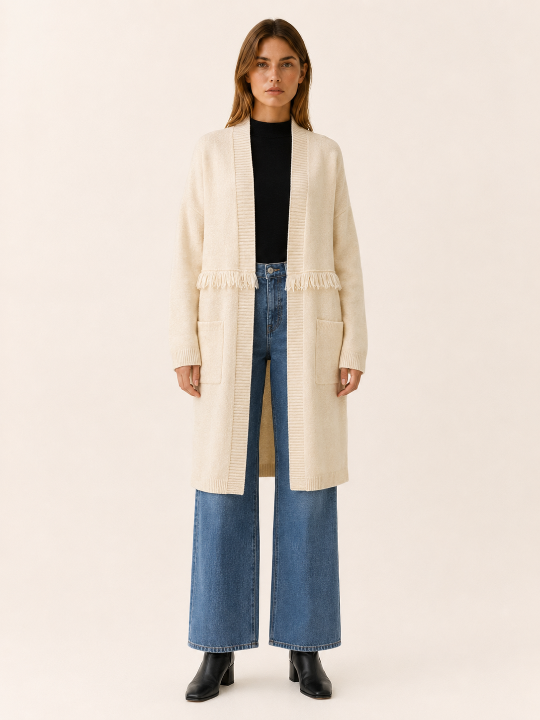 Open Front Long Cardigan for Women with Dropped Shoulder Design and Pockets
