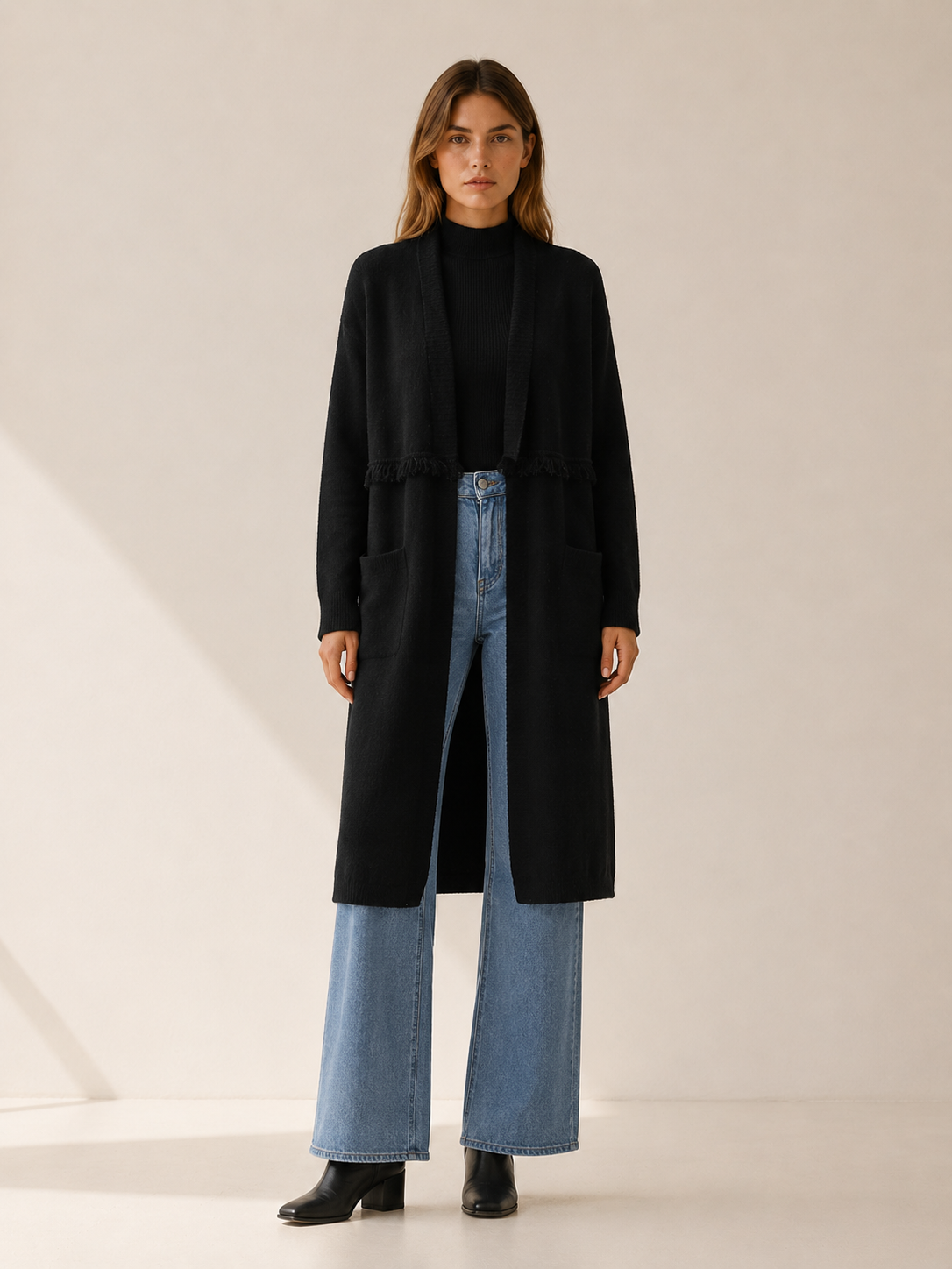 Open Front Long Cardigan for Women with Dropped Shoulder Design and Pockets
