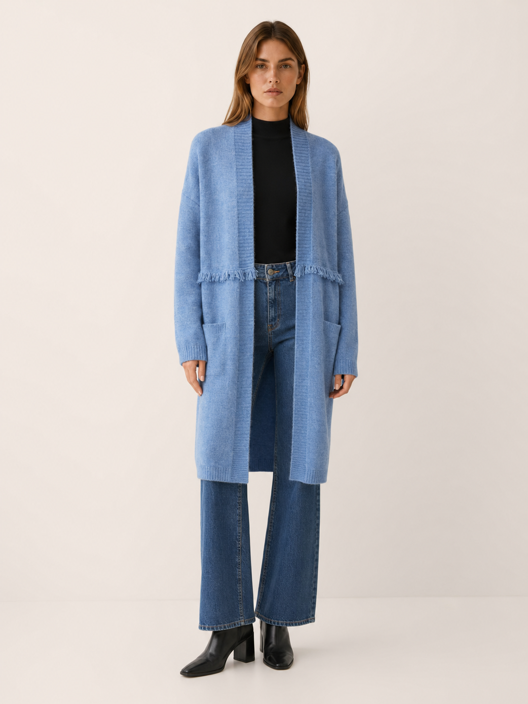 Open Front Long Cardigan for Women with Dropped Shoulder Design and Pockets