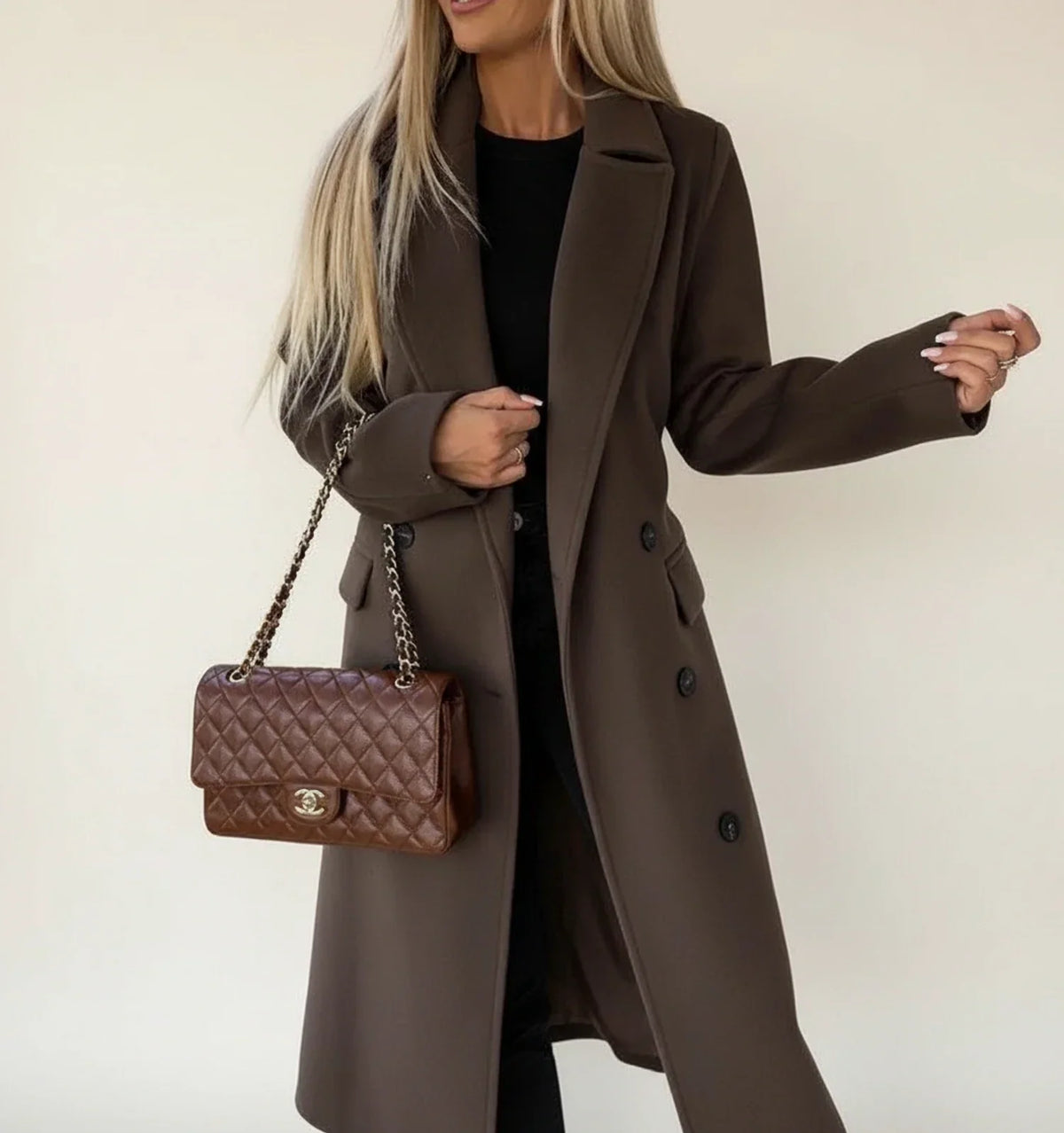 Belted Double-Breasted Midi Coat for Women with Notch Lapel
