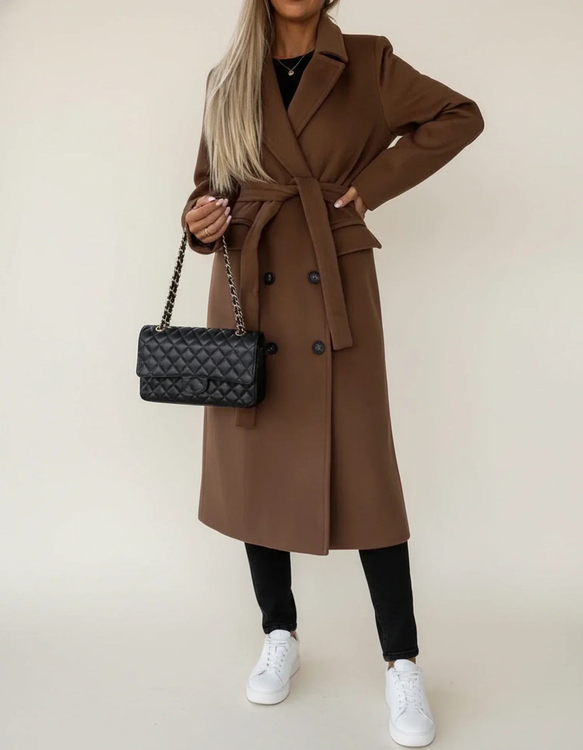 Belted Double-Breasted Midi Coat for Women with Notch Lapel