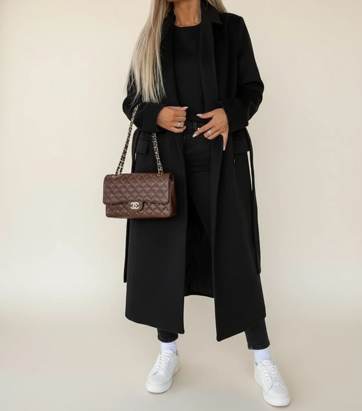 Belted Double-Breasted Midi Coat for Women with Notch Lapel