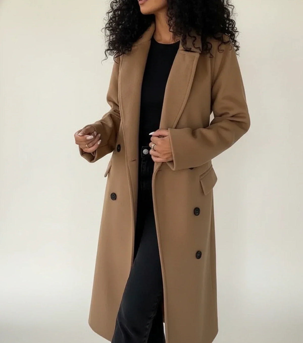 Belted Double-Breasted Midi Coat for Women with Notch Lapel