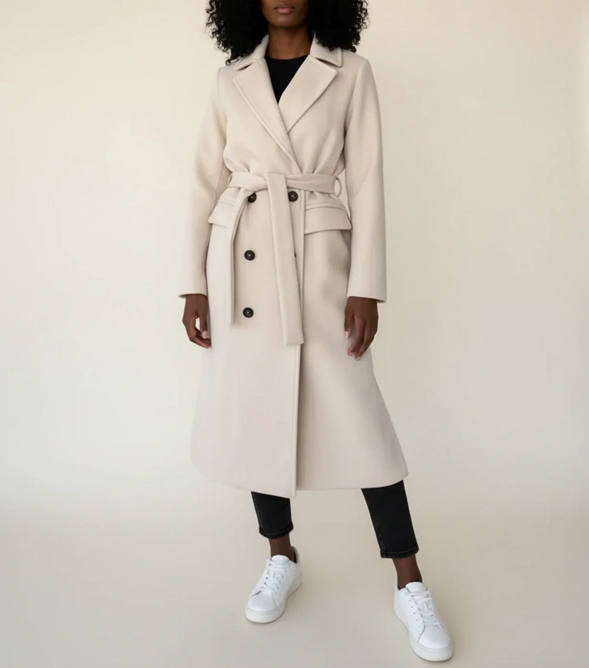 Belted Double-Breasted Midi Coat for Women with Notch Lapel