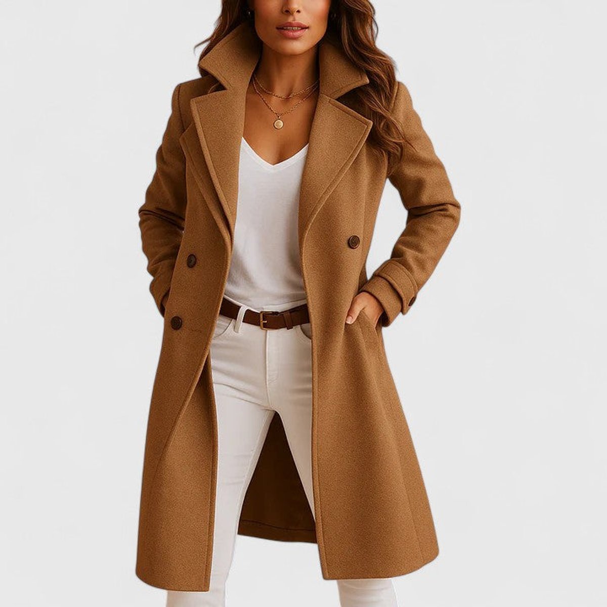 Women's Thigh-Length Notch Lapel Coat with Pockets
