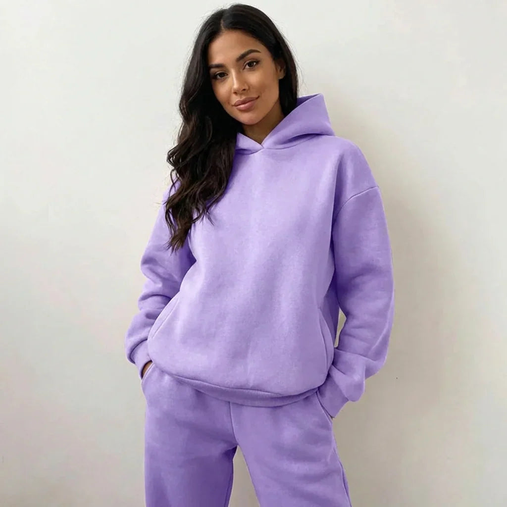 Women's Oversized Hoodie and Long Sleeve Loungewear Set with Elastic Waist