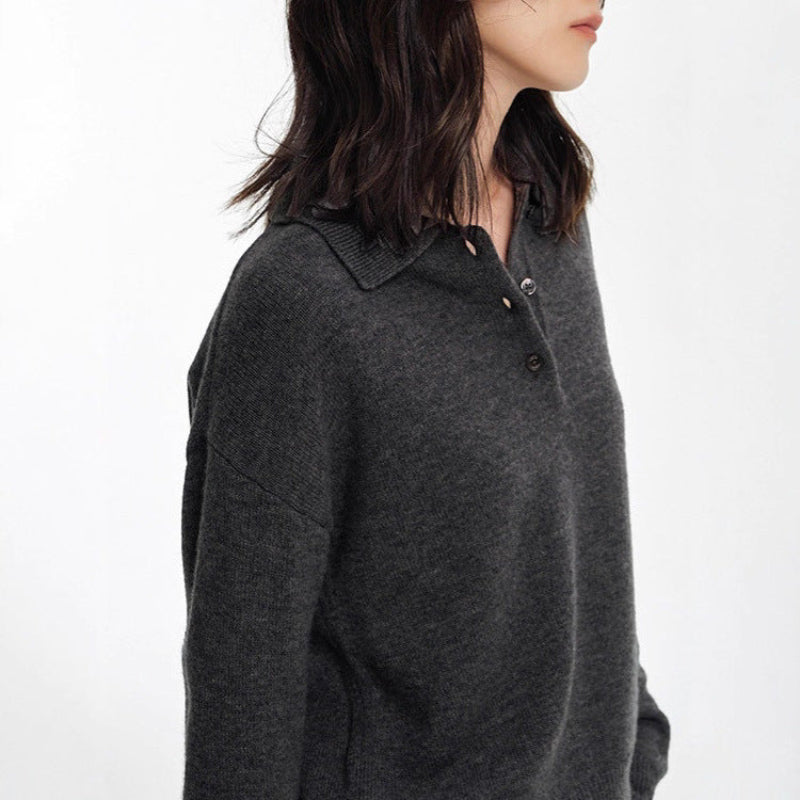 Relaxed Fit Women's Polo Sweater with Ribbed Accents