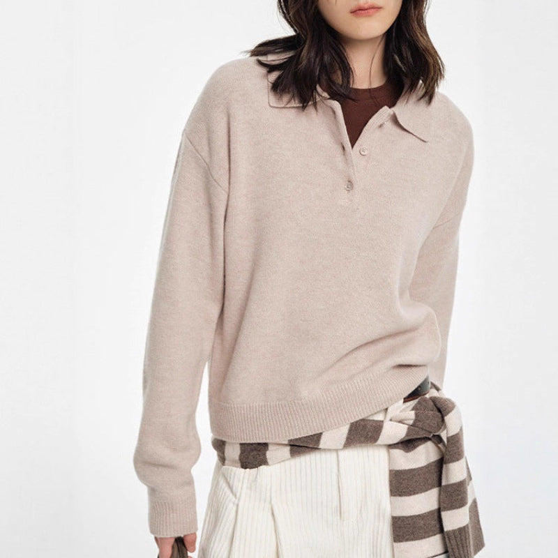 Relaxed Fit Women's Polo Sweater with Ribbed Accents