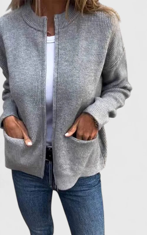 Women's Casual Zip Jacket with Round Neck and Pockets