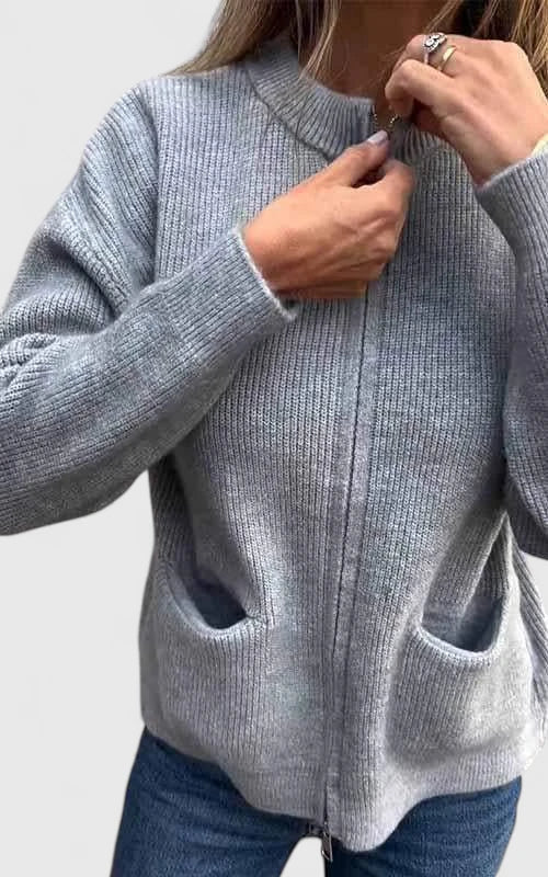 Women's Casual Zip Jacket with Round Neck and Pockets