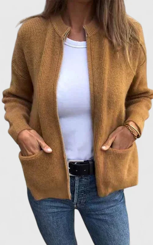 Women's Casual Zip Jacket with Round Neck and Pockets