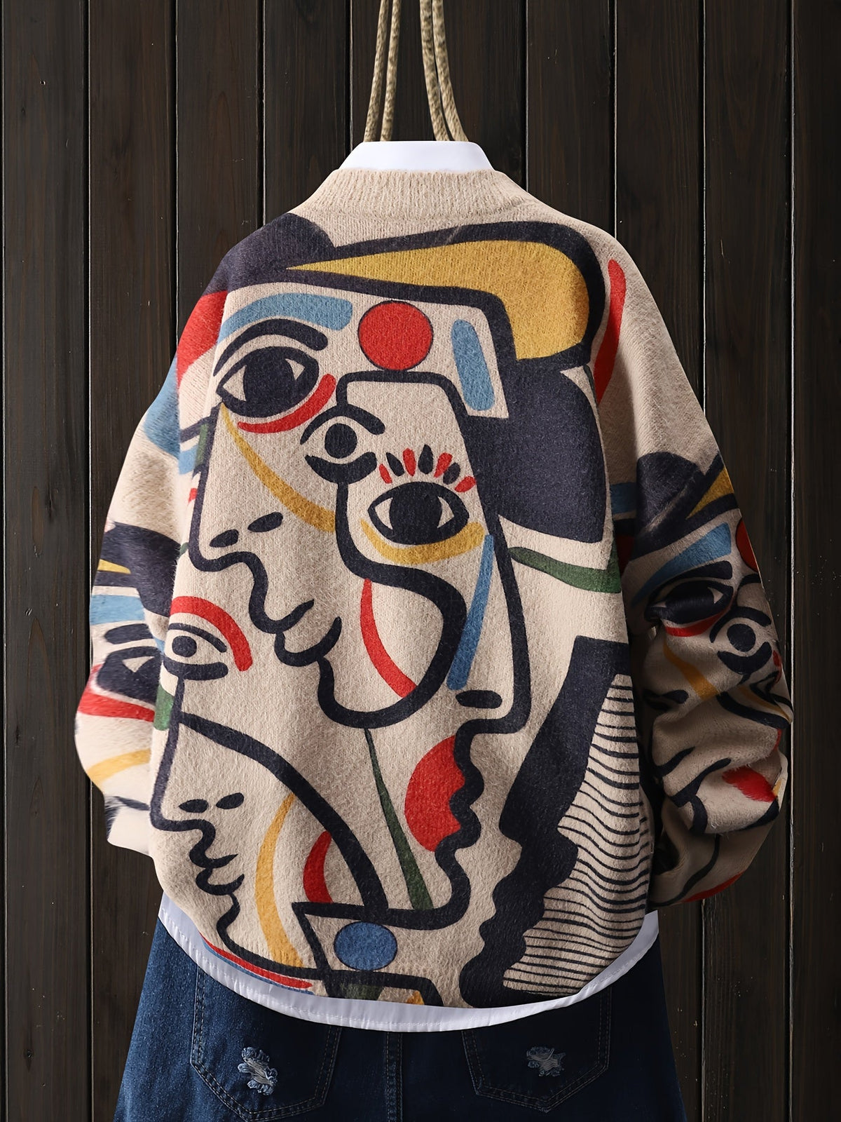 Abstract Print Relaxed Round Neck Sweater for Women with Long Sleeves