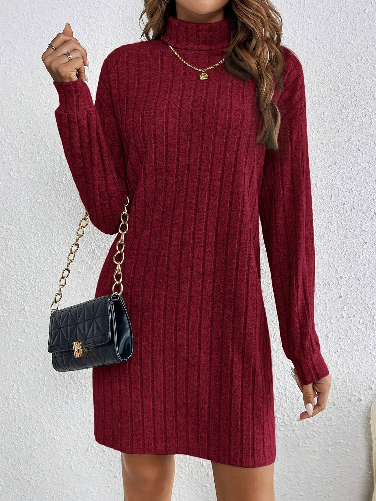 Ribbed Turtleneck Long Sleeve Sweater Dress for Women with Shaped Fit