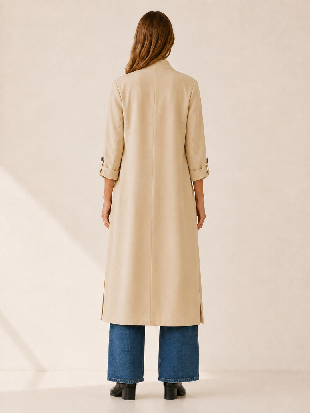 Flowy Women's Trench Coat with Open Front, Roll Tab Sleeves, and Side Slits