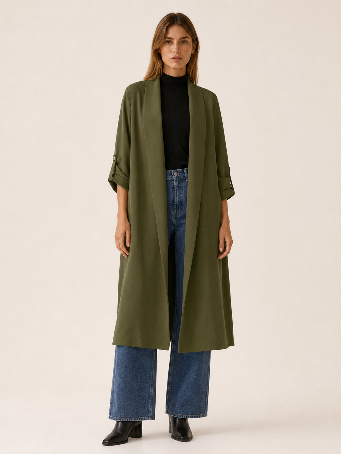 Flowy Women's Trench Coat with Open Front, Roll Tab Sleeves, and Side Slits