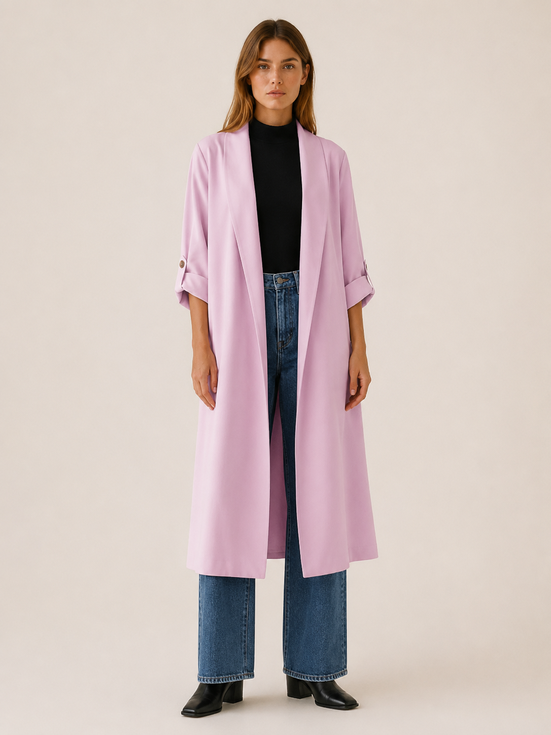 Flowy Women's Trench Coat with Open Front, Roll Tab Sleeves, and Side Slits