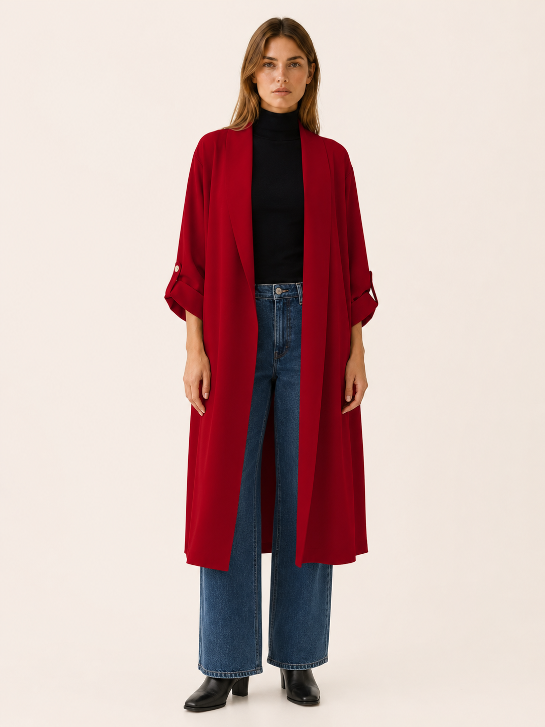Flowy Women's Trench Coat with Open Front, Roll Tab Sleeves, and Side Slits