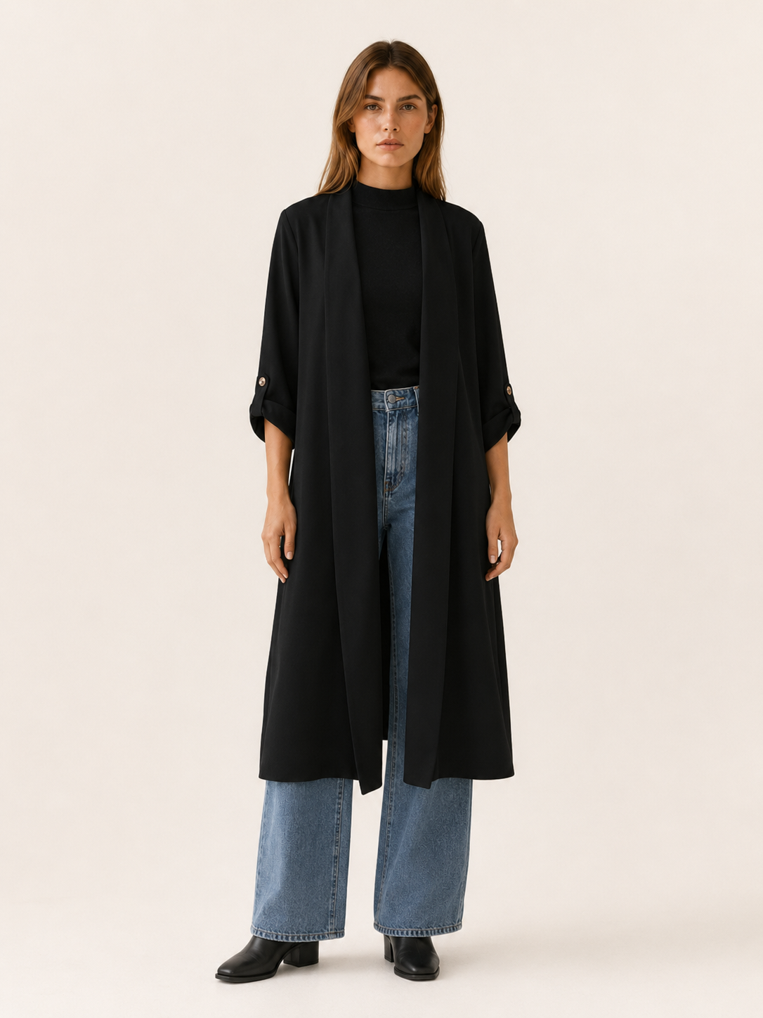 Flowy Women's Trench Coat with Open Front, Roll Tab Sleeves, and Side Slits