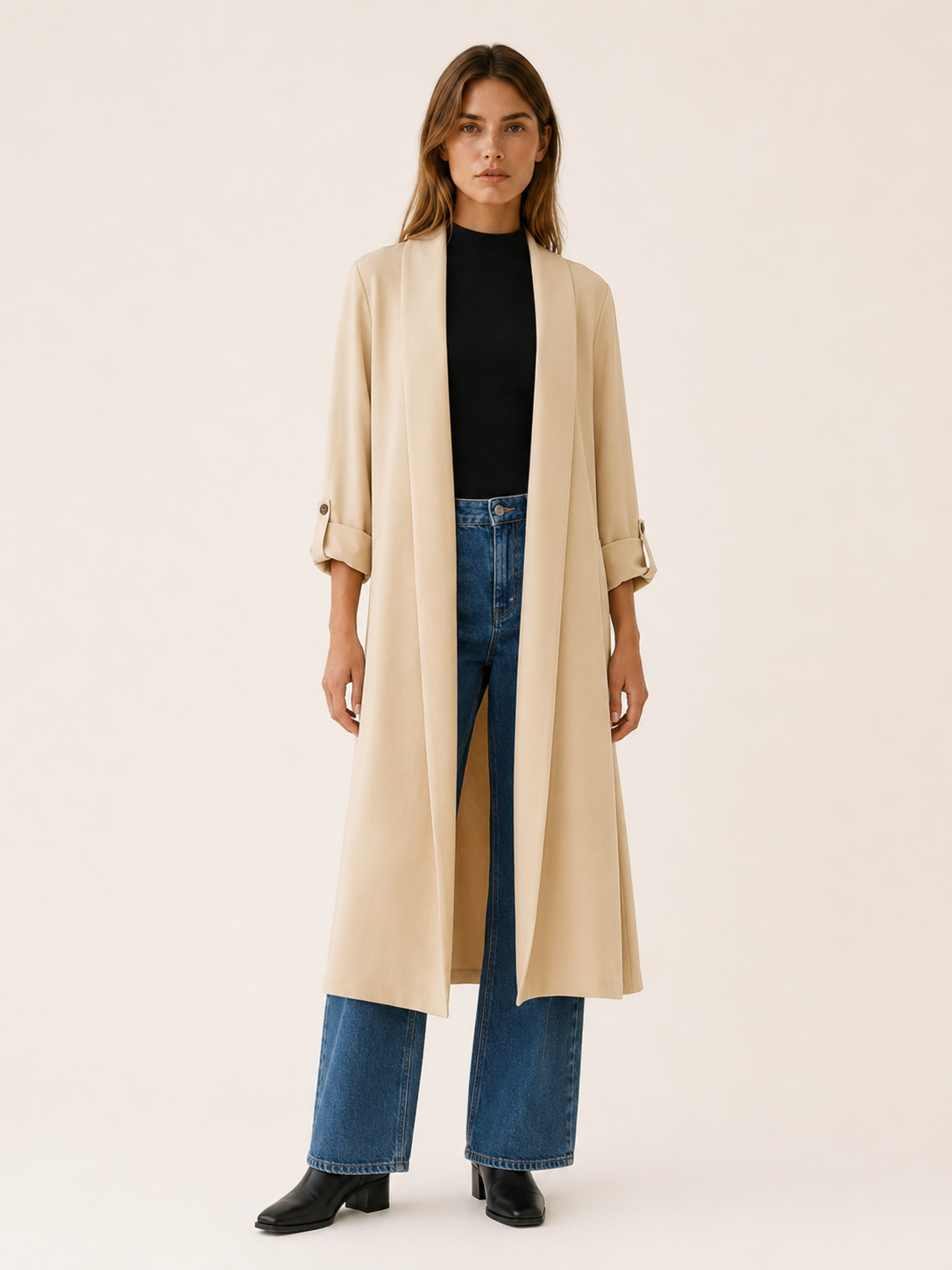 Flowy Women's Trench Coat with Open Front, Roll Tab Sleeves, and Side Slits