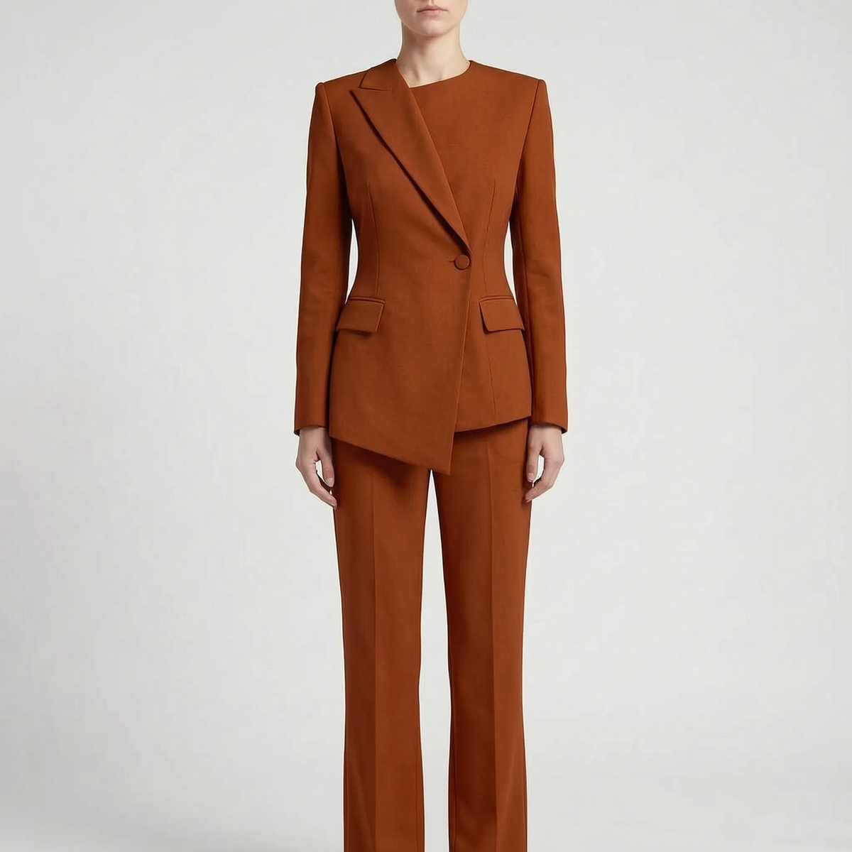 Contemporary Suit Featuring Asymmetric Blazer and Flared Trousers