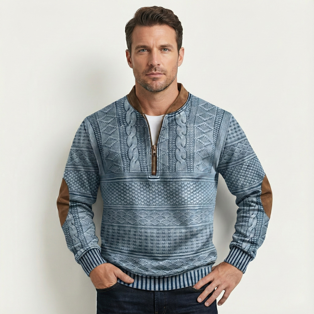 Trendy Men's Half Zip Sweater with Elbow Patches for Casual Wear