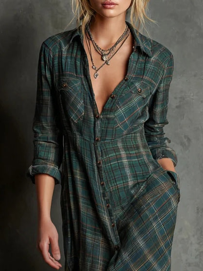 Ladies Long Dress with Checked Lapel | Classic, Feminine and Effortlessly Stylish