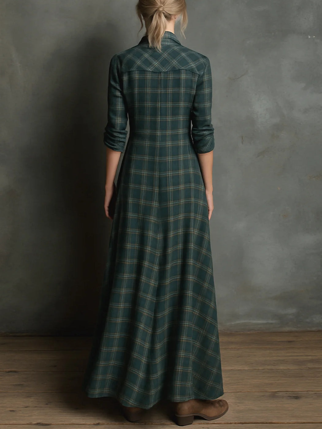 Ladies Long Dress with Checked Lapel | Classic, Feminine and Effortlessly Stylish
