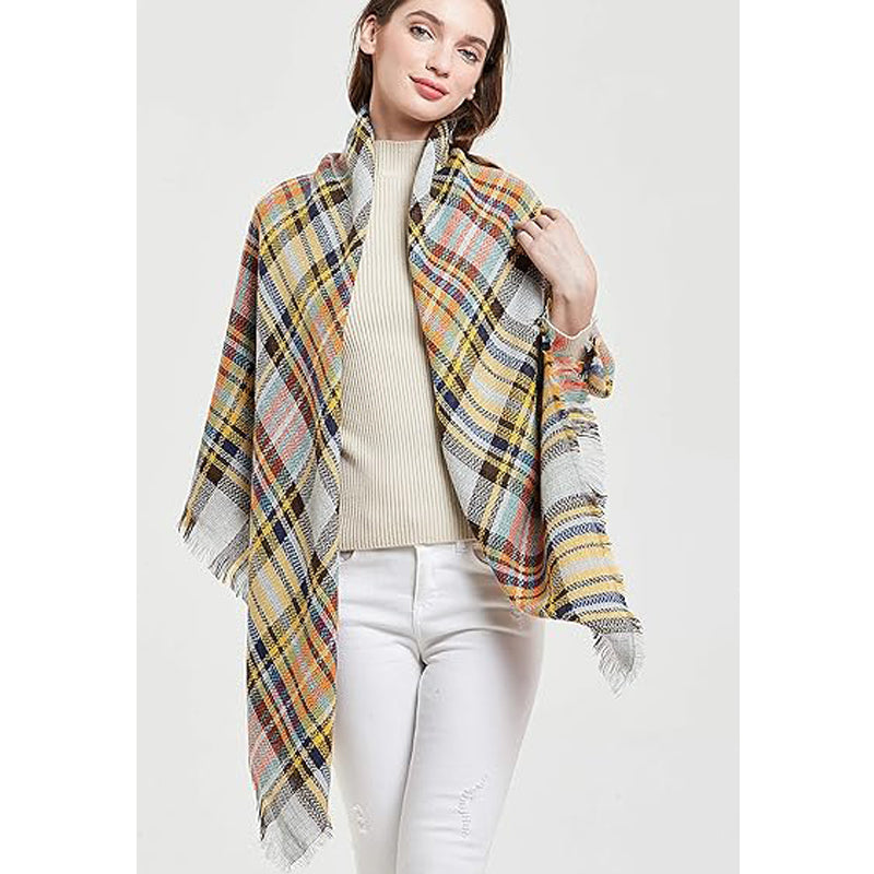 Anna | Oversized Yellow and Blue Checked Scarf for Women with Fringes – 150 x 150 cm