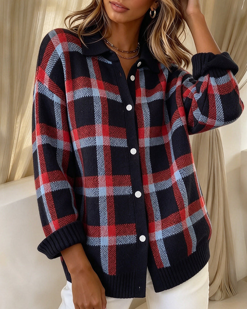 Plaid Loose Cardigan with Lapel and Button Closure