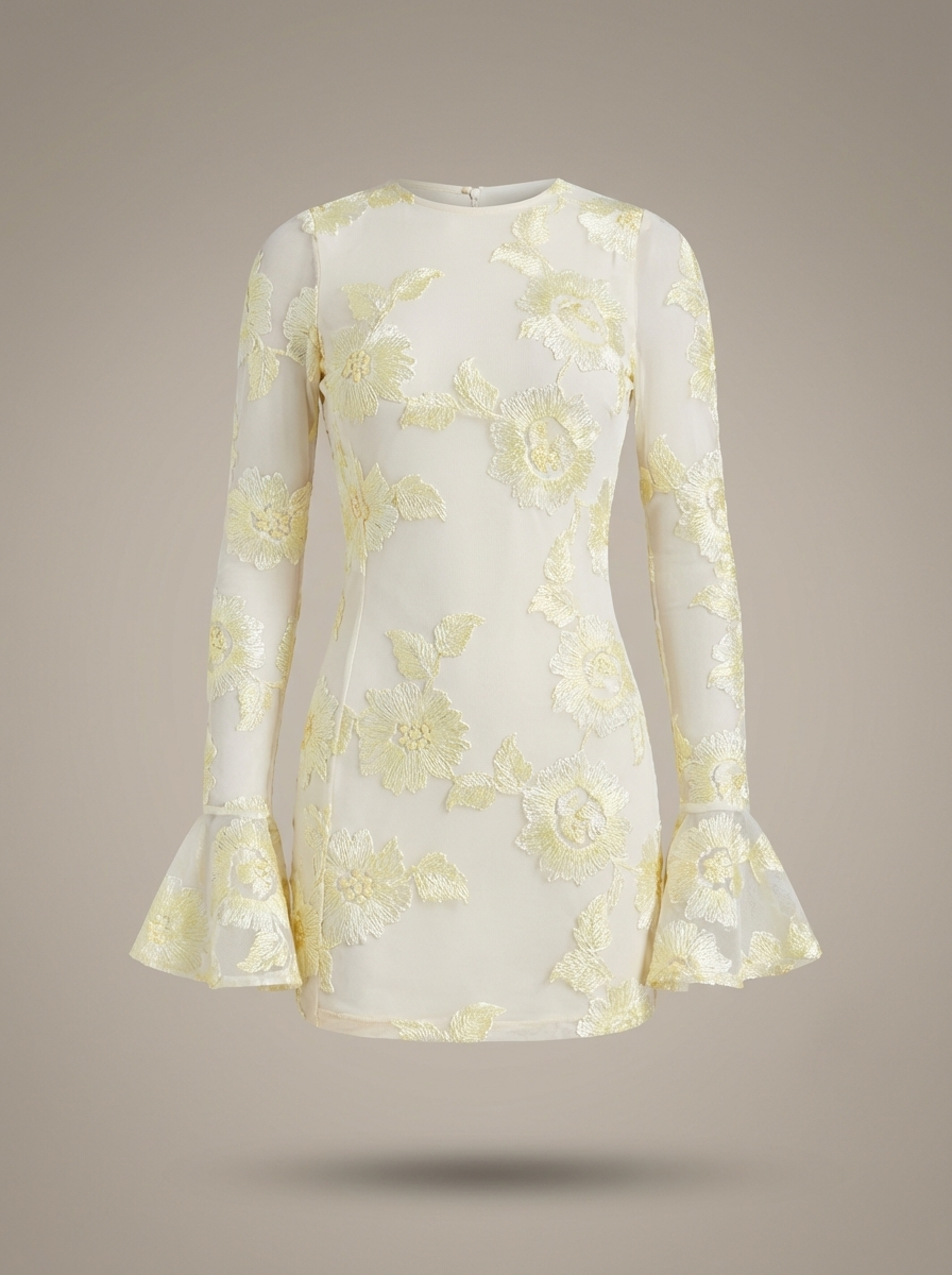 Mini Dress for Ladies Fitted Floral Print Flare Sleeves Festive