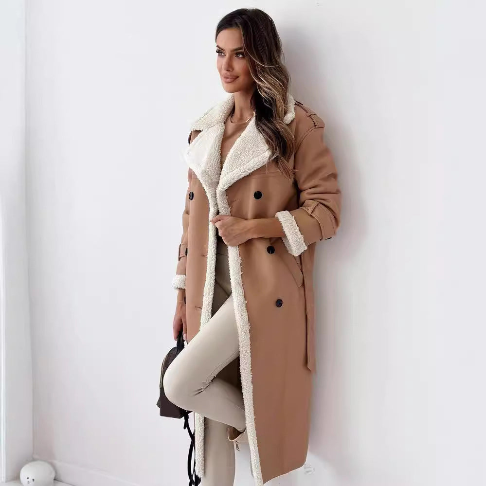 Stella | Belted Long Double-Breasted Faux Suede Coat
