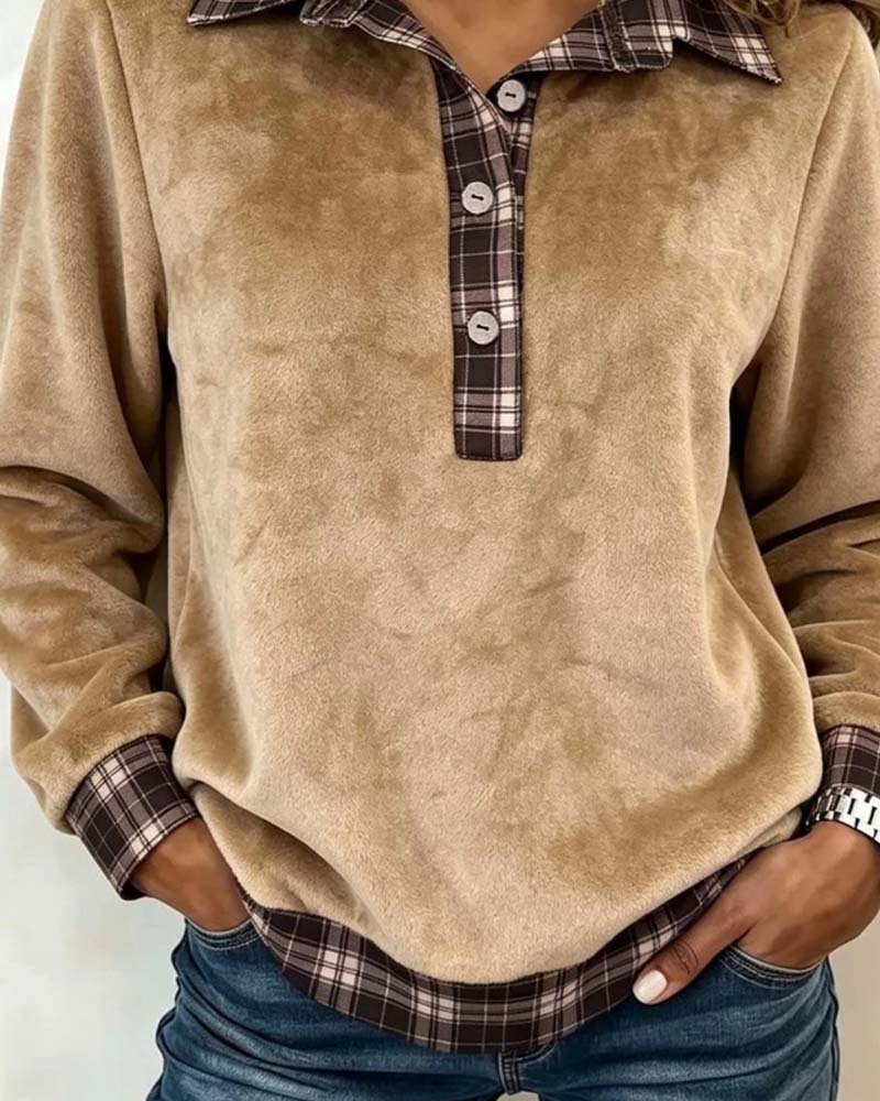 Plaid Patchwork Sweatshirt with Lapel Button Detail