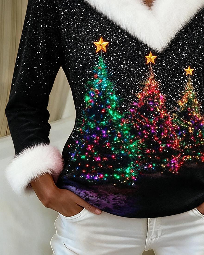 Festive Christmas Tree V-Neck Plush Top