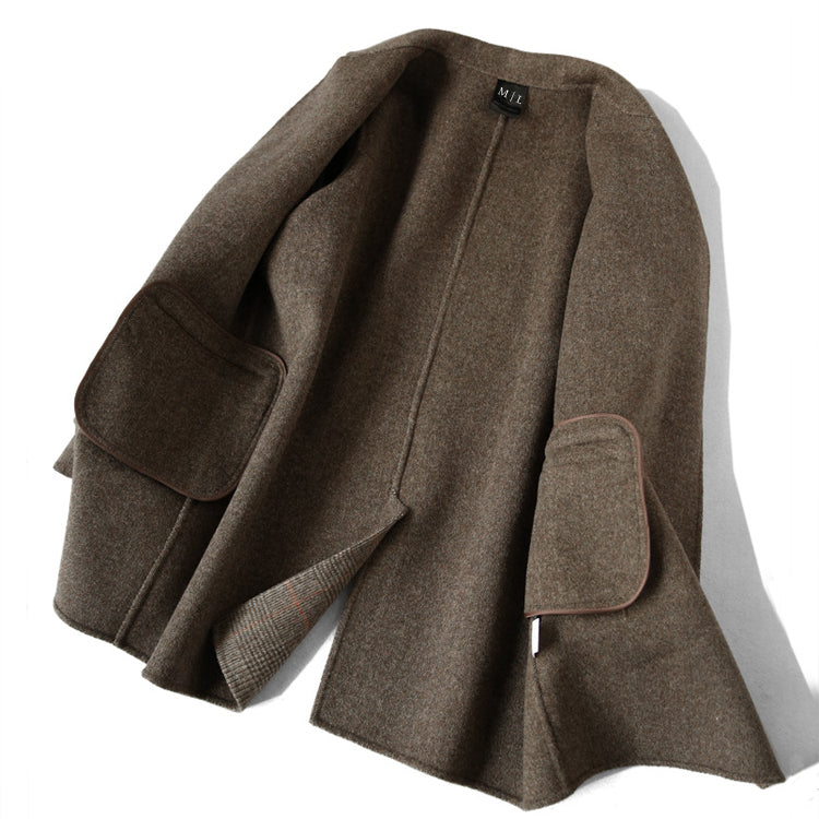 Lapel Collar Women's Checked Wool Coat with Front Buttons