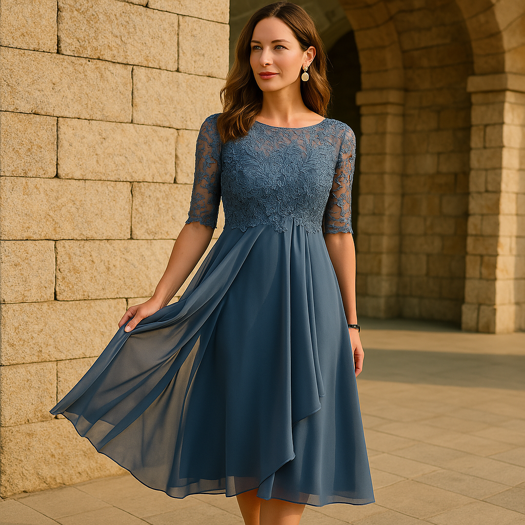 Elegant Dress with Three-Quarter Sleeves for Evening Parties