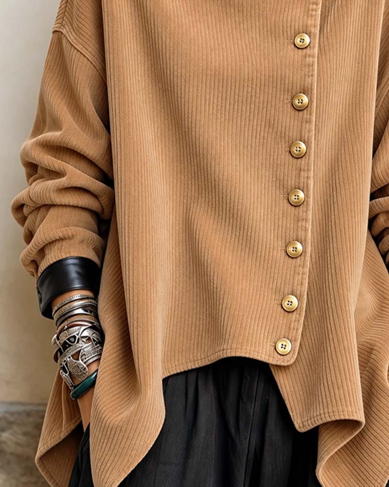 Loose-Fit Diagonal Button Corduroy Top
