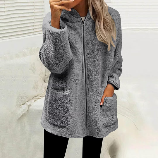 High Collar Women's Fleece Jacket with Zip-Up Closure and Pockets