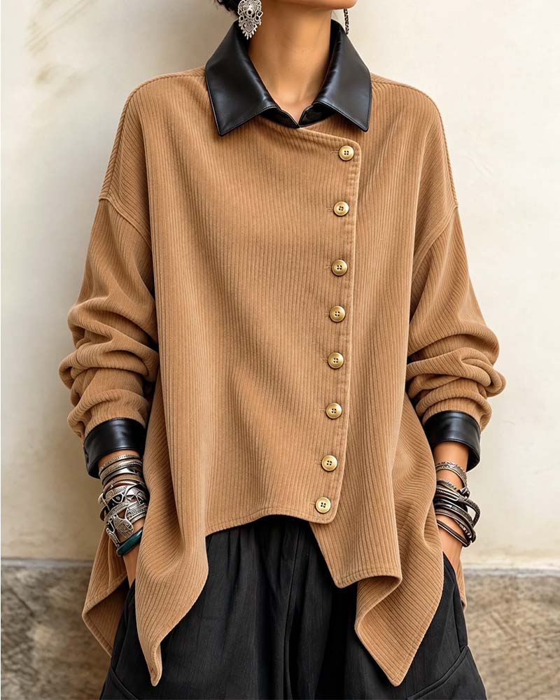 Loose-Fit Diagonal Button Corduroy Top