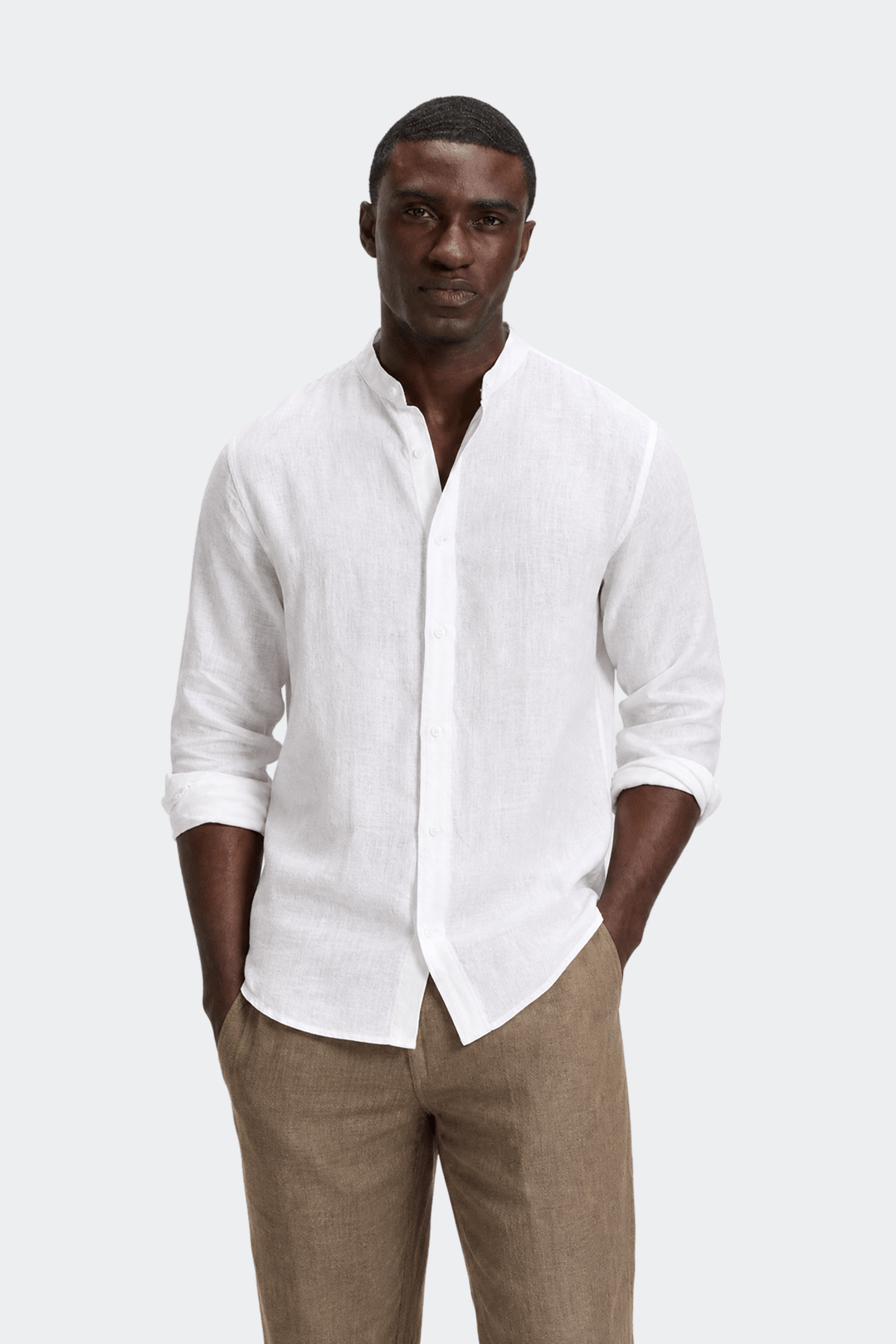 Band Collar Shirt Men Linen Casual Summer