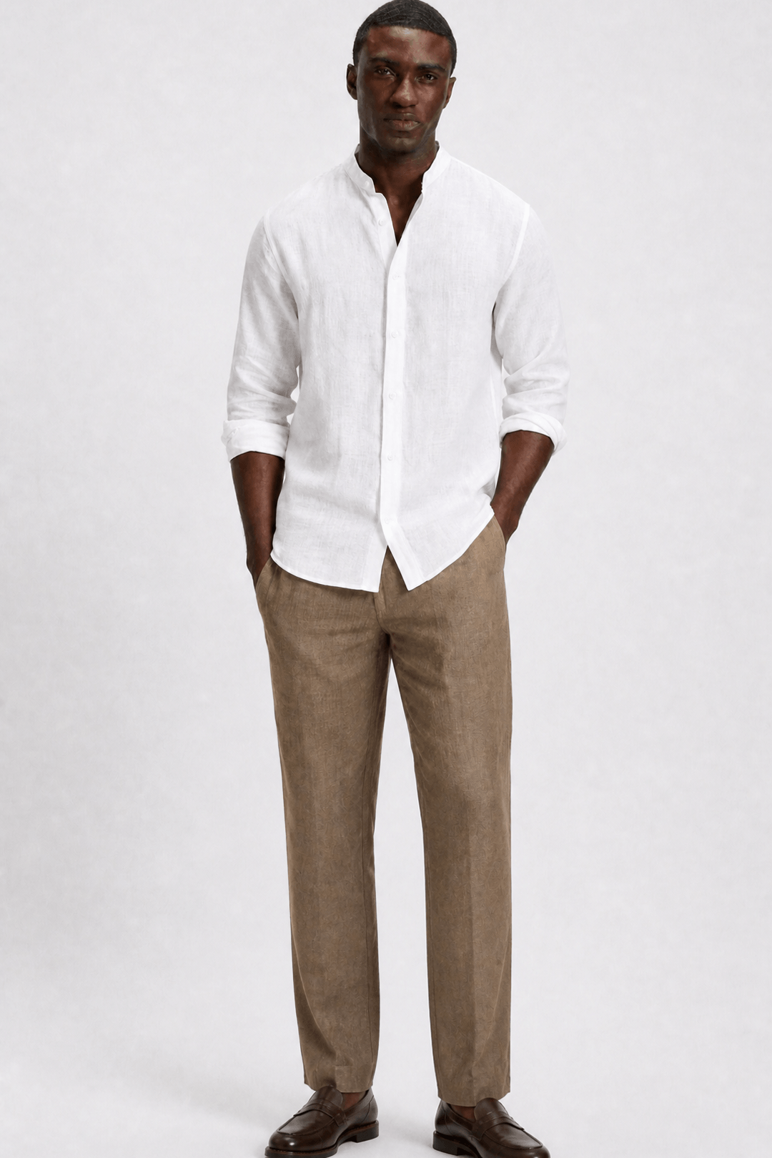 Band Collar Shirt Men Linen Casual Summer