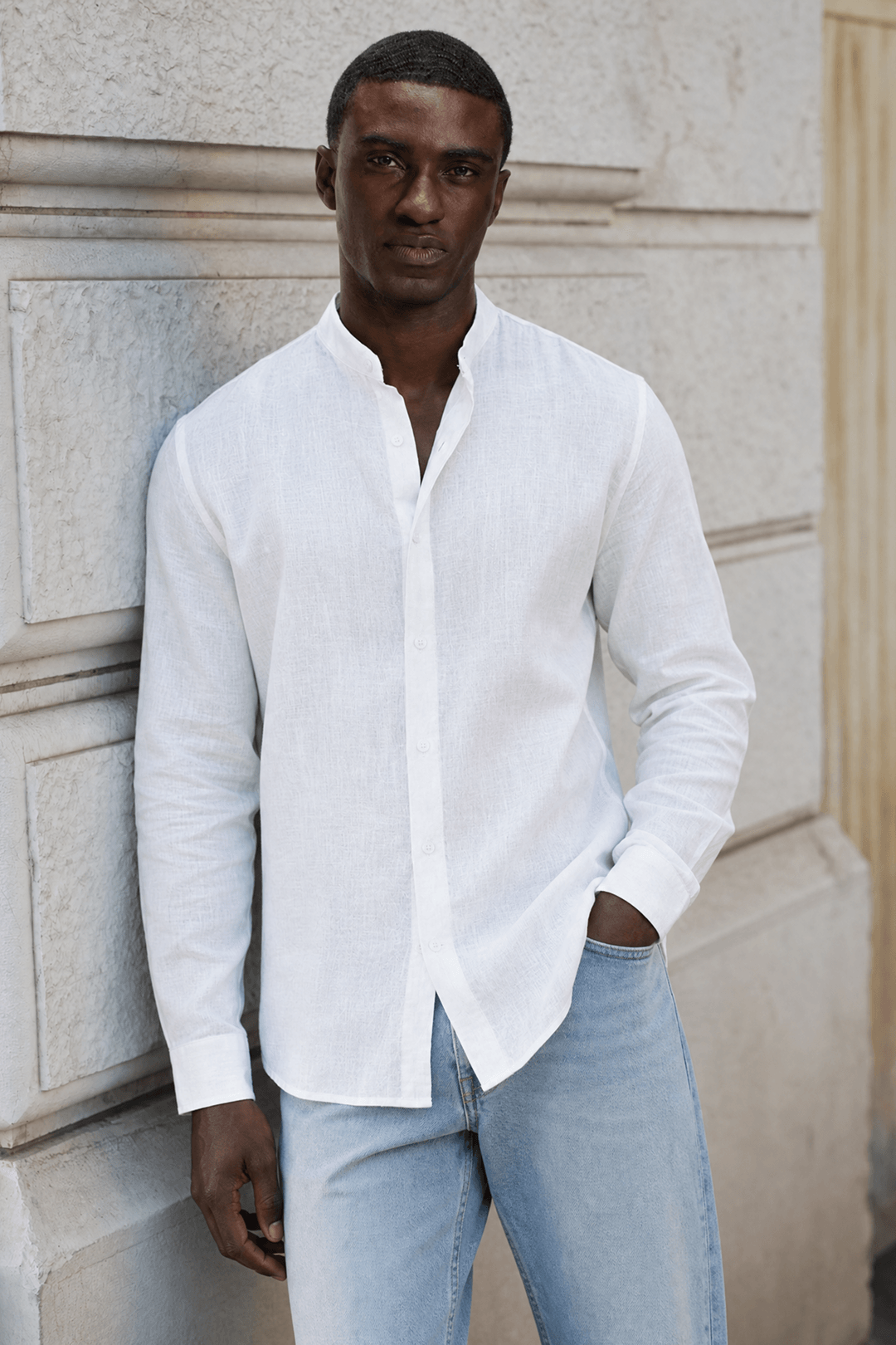 Band Collar Shirt Men Linen Casual Summer