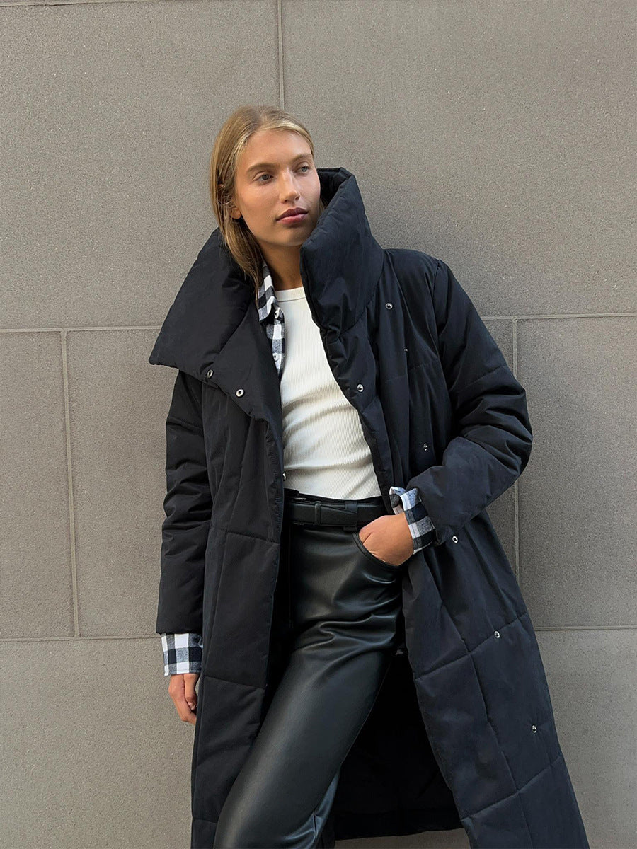 Anna | Women's Long Padded Jacket with Oversized Collar, Belted Waist, and Pockets