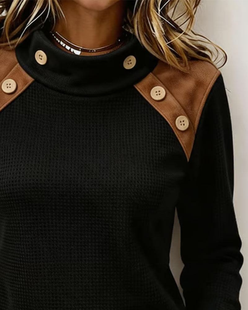 Mock Neck Sweatshirt with Spliced Design and Shoulder Buttons