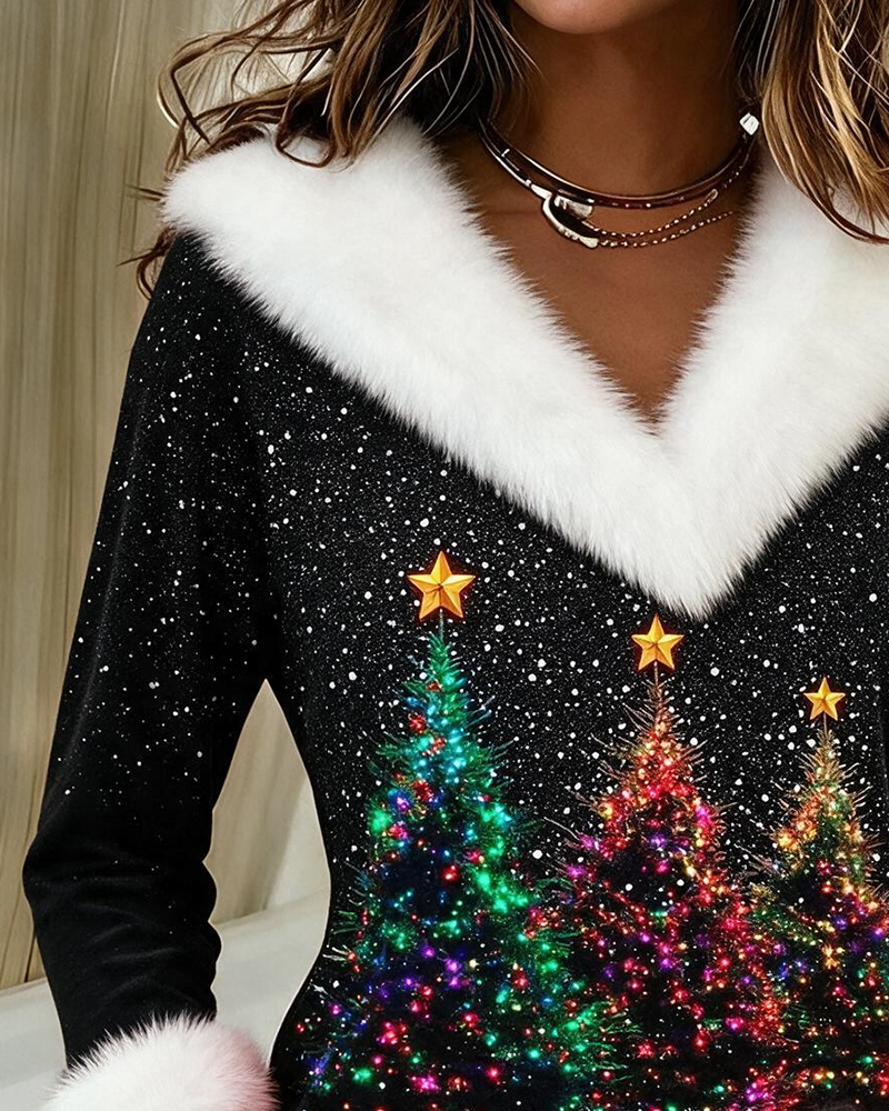 Festive Christmas Tree V-Neck Plush Top