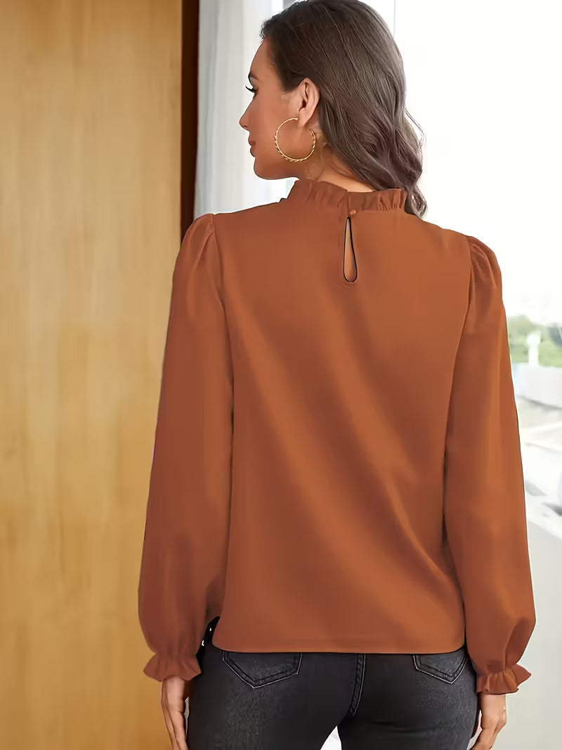 Women's Ruffled Collar Blouse with Puff Sleeves and Loose Fit Cuffs