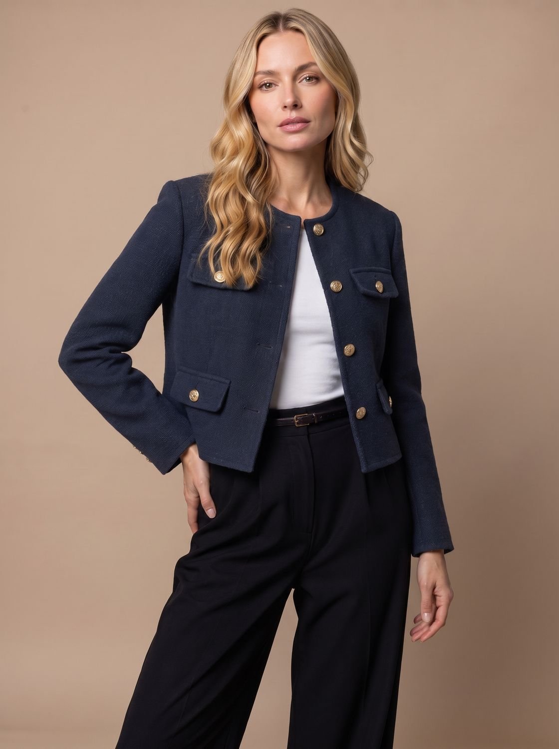 Women's Cropped Tweed Blazer with Gold Buttons and Flap Pockets - No Collar