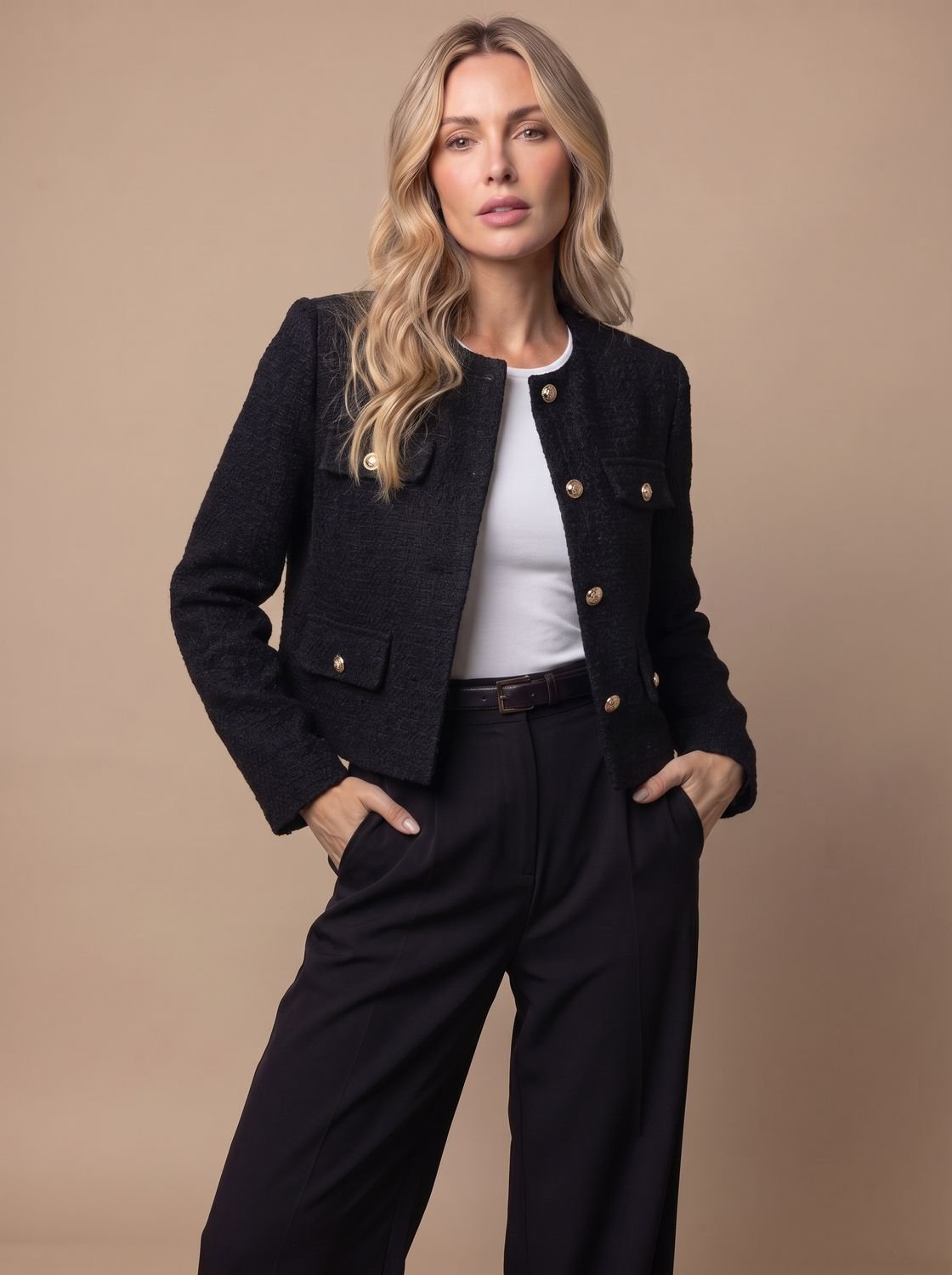 Women's Cropped Tweed Blazer with Gold Buttons and Flap Pockets - No Collar